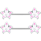 14G 9/16 Pearlescent Orb Pink White Flower Barbell Nipple Ring Set