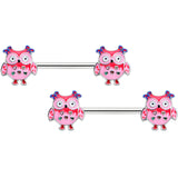 14G 9/16 Bow Pink Heart Owls Barbell Nipple Ring Set
