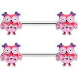 14G 9/16 Bow Pink Heart Owls Barbell Nipple Ring Set
