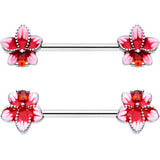 14G 9/16 Red Gem Tropical Flower Barbell Nipple Ring Set