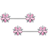 14G 9/16 Pink CZ Gem Floral Burst Barbell Nipple Ring Set