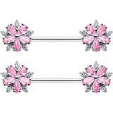 14G 9/16 Pink CZ Gem Floral Burst Barbell Nipple Ring Set