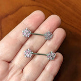 14G 9/16 Pink CZ Gem Floral Burst Barbell Nipple Ring Set