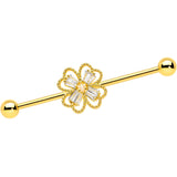 14G Clear Gem Gold Tone Textured Cross Industrial Barbell 38mm