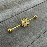 14G Clear Gem Gold Tone Textured Cross Industrial Barbell 38mm