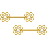 14G 5/8 Clear Gem Gold Tone Texture Cross Barbell Nipple Ring Set