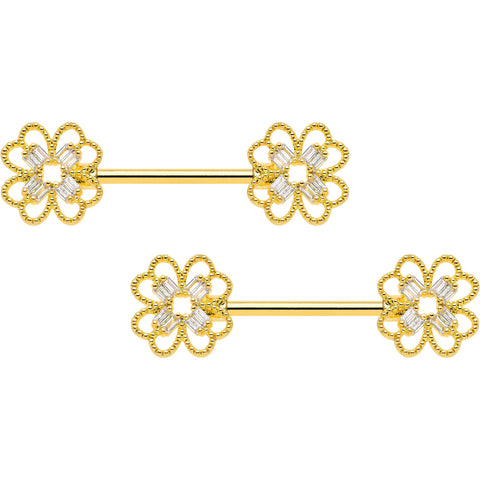 14G 5/8 Clear Gem Gold Tone Texture Cross Barbell Nipple Ring Set