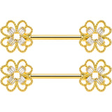 14G 5/8 Clear Gem Gold Tone Texture Cross Barbell Nipple Ring Set