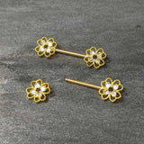 14G 5/8 Clear Gem Gold Tone Texture Cross Barbell Nipple Ring Set
