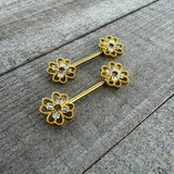 14G 5/8 Clear Gem Gold Tone Texture Cross Barbell Nipple Ring Set