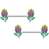 14G 9/16 Green Pink Gem Mardi Gras Flower Barbell Nipple Ring Set