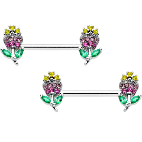 14G 9/16 Green Pink Gem Mardi Gras Flower Barbell Nipple Ring Set
