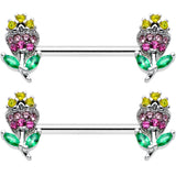 14G 9/16 Green Pink Gem Mardi Gras Flower Barbell Nipple Ring Set