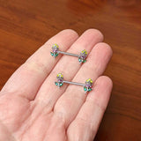 14G 9/16 Green Pink Gem Mardi Gras Flower Barbell Nipple Ring Set