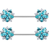 14G 9/16 Blue CZ Gem Floral Burst Barbell Nipple Ring Set