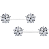 14G 9/16 Clear CZ Gem Floral Burst Barbell Nipple Ring Set