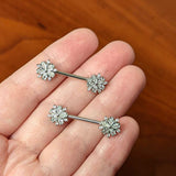 14G 9/16 Clear CZ Gem Floral Burst Barbell Nipple Ring Set