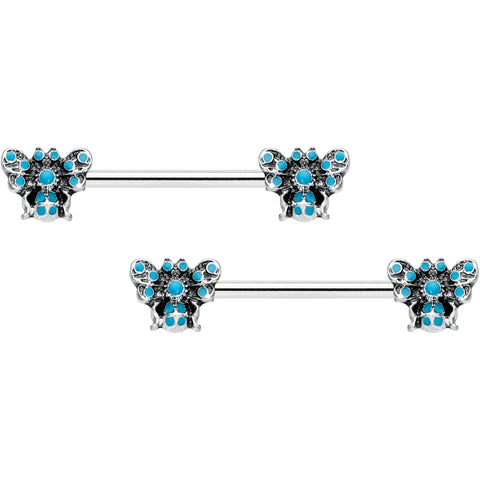 14G 9/16 Textured Blue Butterfly Barbell Nipple Ring Set