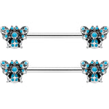 14G 9/16 Textured Blue Butterfly Barbell Nipple Ring Set