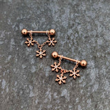 14G 9/16 Clear Gem Rosy Hue Snowflake Chain Dangle Nipple Ring Set