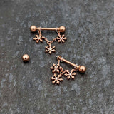 14G 9/16 Clear Gem Rosy Hue Snowflake Chain Dangle Nipple Ring Set