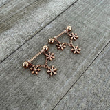 14G 9/16 Clear Gem Rosy Hue Snowflake Chain Dangle Nipple Ring Set