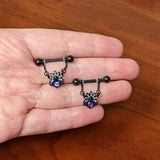 14G 9/16 Purple Gem Black Skull Blossom Dangle Nipple Ring Set