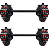 14G 9/16 Red Gem Black Skull Halloween Barbell Nipple Ring Set