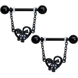 14G 9/16 Clear Gem Black Skull Bow Heart Dangle Nipple Ring Set