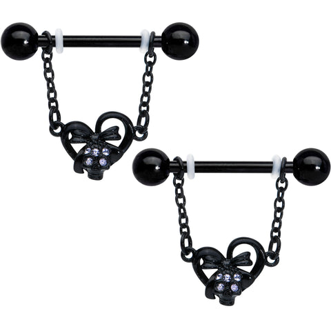 14G 9/16 Clear Gem Black Skull Bow Heart Dangle Nipple Ring Set