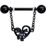 14G 9/16 Clear Gem Black Skull Bow Heart Dangle Nipple Ring Set