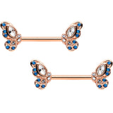 14G 9/16 Clear Blue Gem Rosy Tone Butterfly Wing Nipple Ring Set