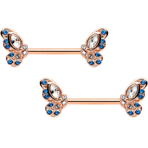14G 9/16 Clear Blue Gem Rosy Tone Butterfly Wing Nipple Ring Set
