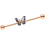 14G Blue Gem Rosy Tone Butterfly Wings Industrial Barbell 38mm