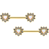 14G 9/16 White Synthetic Opal Gold Tone Sun Heart Nipple Ring Set