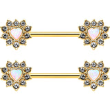 14G 9/16 White Synthetic Opal Gold Tone Sun Heart Nipple Ring Set