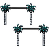 14G 9/16 Clear Gem Black Night Palm Tree Dangle Nipple Ring Set