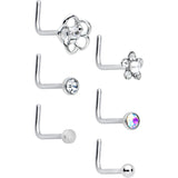 20G 1/4 Aurora Clear CZ Gem Flower L Shape Nose Ring Set of 6