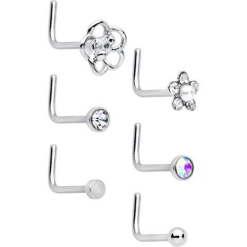 20G 1/4 Aurora Clear CZ Gem Flower L Shape Nose Ring Set of 6