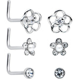 20G 1/4 Aurora Clear CZ Gem Flower L Shape Nose Ring Set of 6