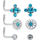 20G 1/4 Aurora Blue CZ Gem Flower L Shape Nose Ring Set of 6