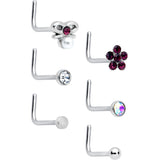 20G 1/4 Aurora Purple CZ Gem Flower Bow L Shape Nose Ring Set of 6