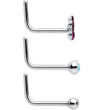 20G 1/4 Aurora Purple CZ Gem Flower Bow L Shape Nose Ring Set of 6