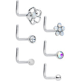 20G 1/4 Clear CZ Gem Flower Disc L Shape Nose Ring Set of 6