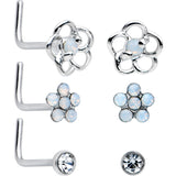 20G 1/4 Clear CZ Gem Flower Disc L Shape Nose Ring Set of 6