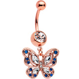 Blue Clear Gem Rose Gold Tone Butterfly Wings Dangle Belly Ring