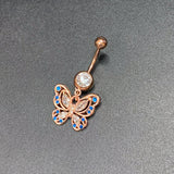 Blue Clear Gem Rose Gold Tone Butterfly Wings Dangle Belly Ring