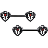 14G 9/16 Red Clear Gem Black Key Heart Barbell Nipple Ring Set