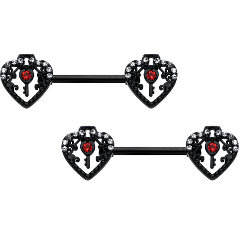 14G 9/16 Red Clear Gem Black Key Heart Barbell Nipple Ring Set