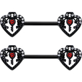 14G 9/16 Red Clear Gem Black Key Heart Barbell Nipple Ring Set